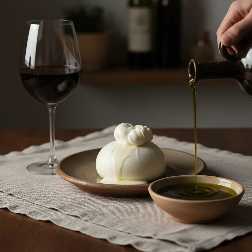 Prodotti tipici pugliesi: olio d'oliva, vino e burrata